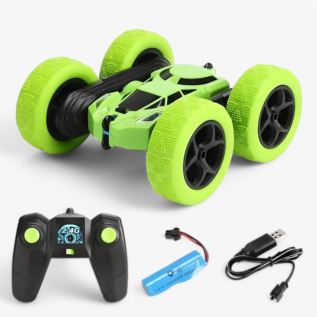 "RC-Stuntfahrzeug mit 360° Drehung und Flip-Funktion, geländetauglich, ideal für Kinder, in Blau mit robusten Gummireifen"
