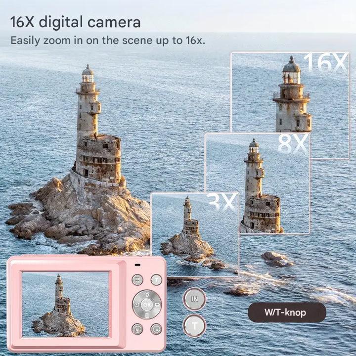 "Retro Digitalkamera mit kompaktem Gehäuse, moderner Retro-Ästhetik, ideal für spontane Momente und 1080p Videoaufnahme."