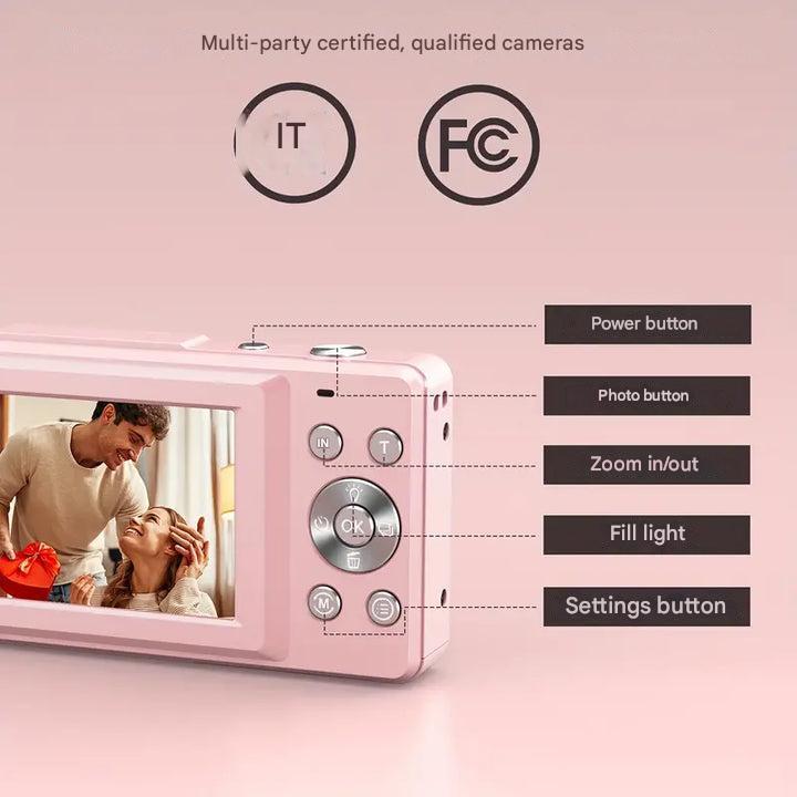 "Retro Digitalkamera mit kompaktem Gehäuse, moderner Retro-Ästhetik, ideal für spontane Momente und 1080p Videoaufnahme."