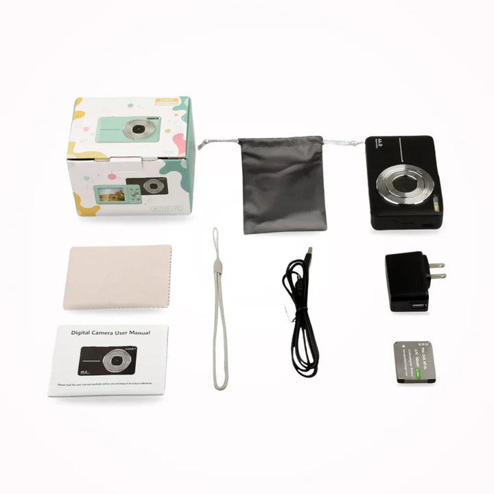 "Retro Digitalkamera mit kompaktem Gehäuse, moderner Retro-Ästhetik, ideal für spontane Momente und 1080p Videoaufnahme."