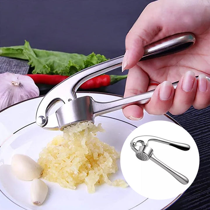 Robuste Edelstahl Knoblauchpresse mit ergonomischem Griff, große Kammer, ideal für Küche, einfache Reinigung.