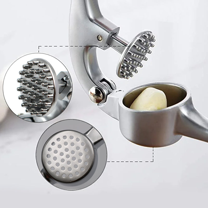 Robuste Edelstahl Knoblauchpresse mit ergonomischem Griff, große Kammer, ideal für Küche, einfache Reinigung.