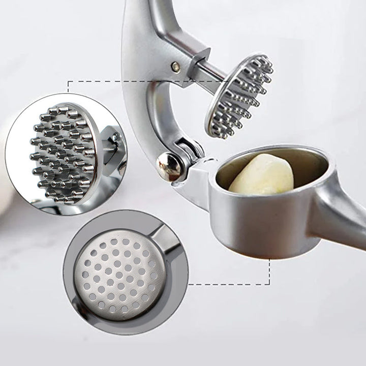 Robuste Edelstahl Knoblauchpresse mit ergonomischem Griff, große Kammer, ideal für Küche, einfache Reinigung.
