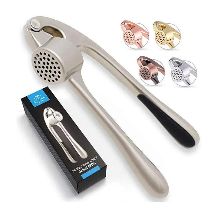 Robuste Edelstahl Knoblauchpresse mit ergonomischem Griff, große Kammer, ideal für Küche, einfache Reinigung.