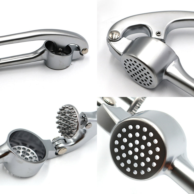 Robuste Edelstahl Knoblauchpresse mit ergonomischem Griff, große Kammer, ideal für Küche, einfache Reinigung.