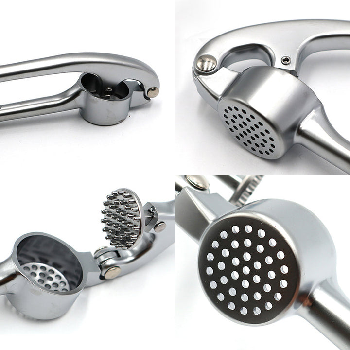 Robuste Edelstahl Knoblauchpresse mit ergonomischem Griff, große Kammer, ideal für Küche, einfache Reinigung.