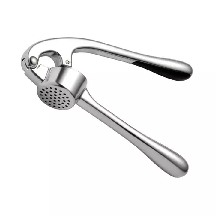 Robuste Edelstahl Knoblauchpresse mit ergonomischem Griff, große Kammer, ideal für Küche, einfache Reinigung.