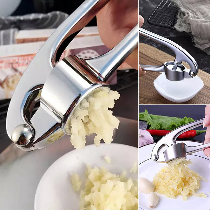 Robuste Edelstahl Knoblauchpresse mit ergonomischem Griff, große Kammer, ideal für Küche, einfache Reinigung.