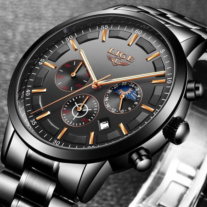 Robuste Militär-Uhr mit schwarzem Zifferblatt, robustem Stahlgehäuse und strapazierfähigem Armband für stilvolle Männer.