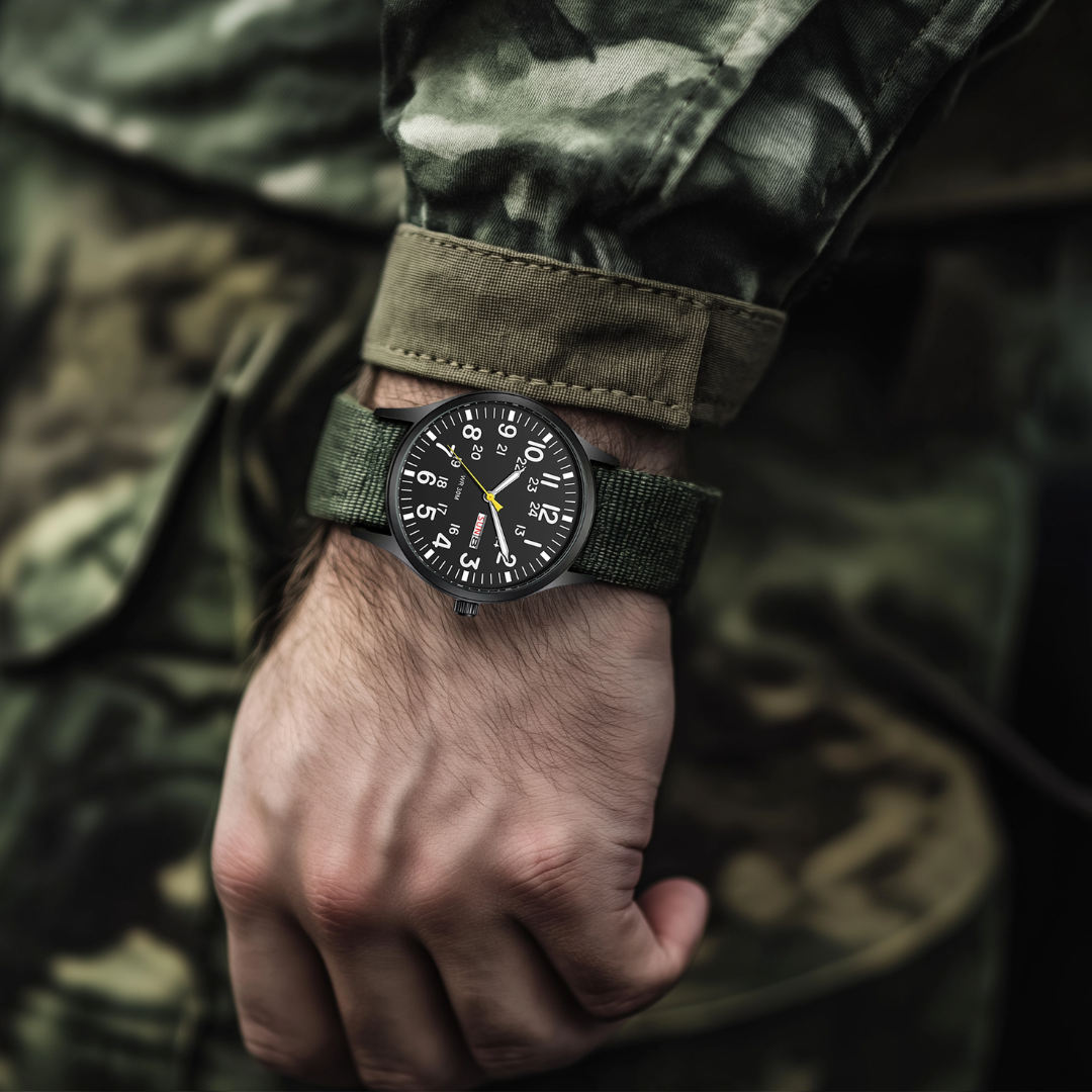 "Robuste Outdoor Herren Armbanduhr, wasserdicht und kratzfest, Edelstahlgehäuse, leuchtende Zeiger, für Abenteuer."