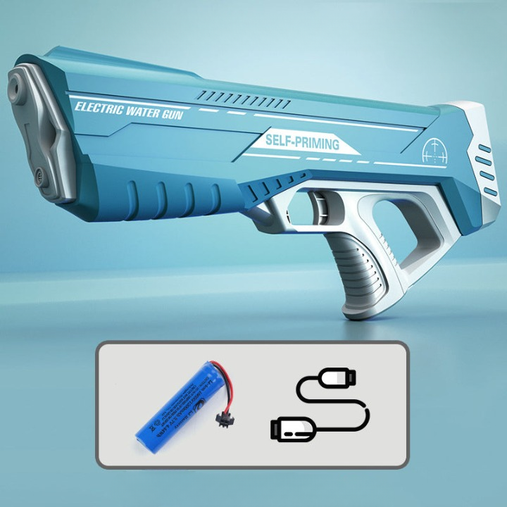Robuste Wasserpistole mit kräftigem Strahl, großem Tank & USB-Akku, ideal für sommerliche Wasserschlachten, blau/rosa.