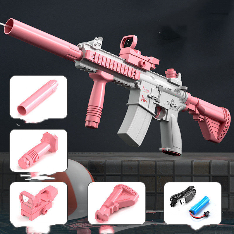 Robuste Wasserpistole mit kräftigem Strahl, großem Tank & USB-Akku, ideal für sommerliche Wasserschlachten, blau/rosa.