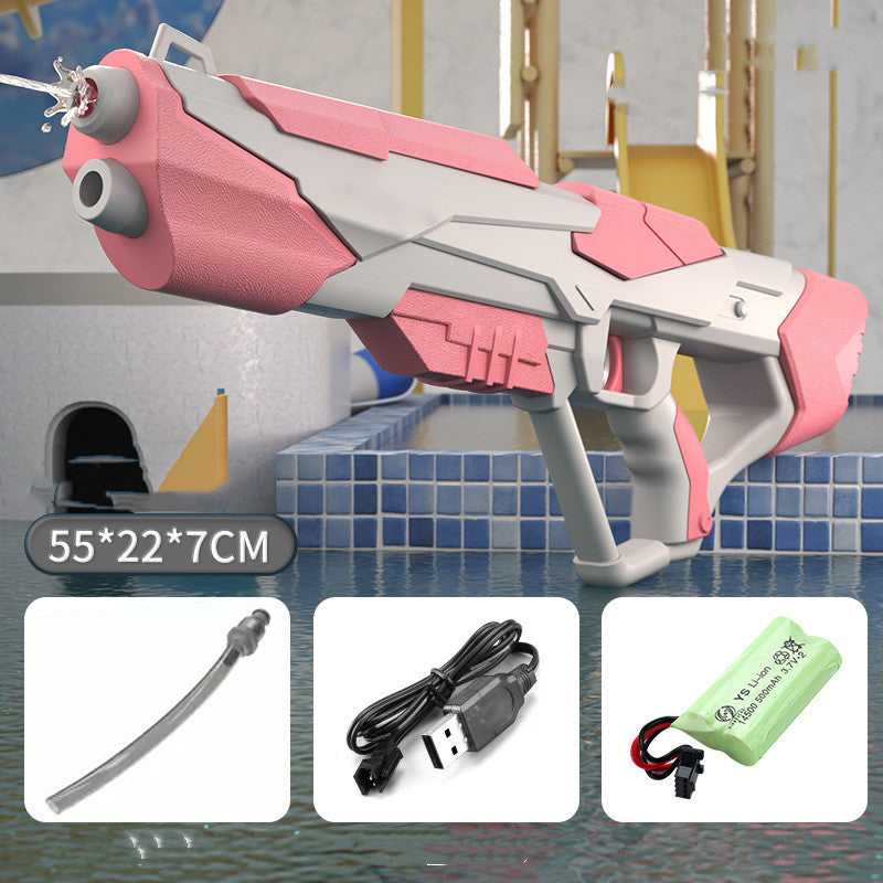 Robuste Wasserpistole mit kräftigem Strahl, großem Tank & USB-Akku, ideal für sommerliche Wasserschlachten, blau/rosa.