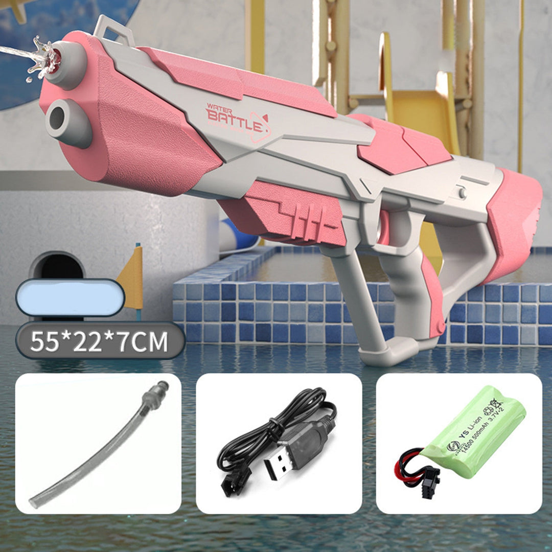 Robuste Wasserpistole mit kräftigem Strahl, großem Tank & USB-Akku, ideal für sommerliche Wasserschlachten, blau/rosa.