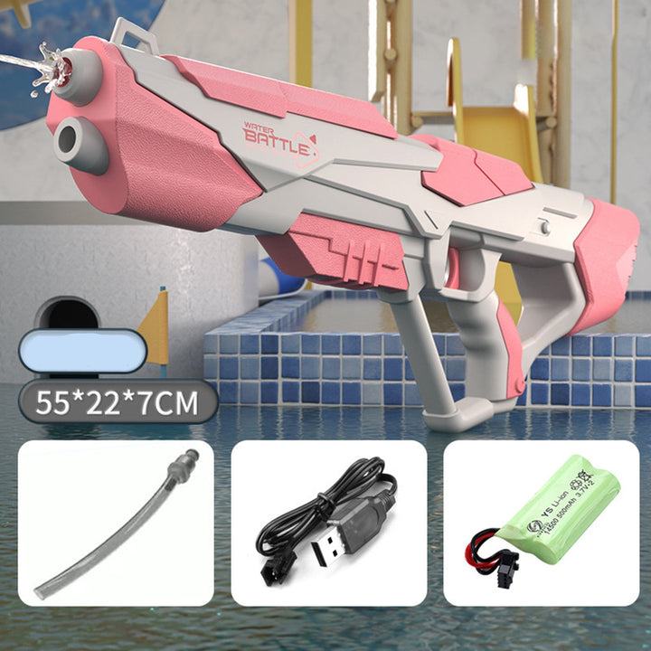 Robuste Wasserpistole mit kräftigem Strahl, großem Tank & USB-Akku, ideal für sommerliche Wasserschlachten, blau/rosa.