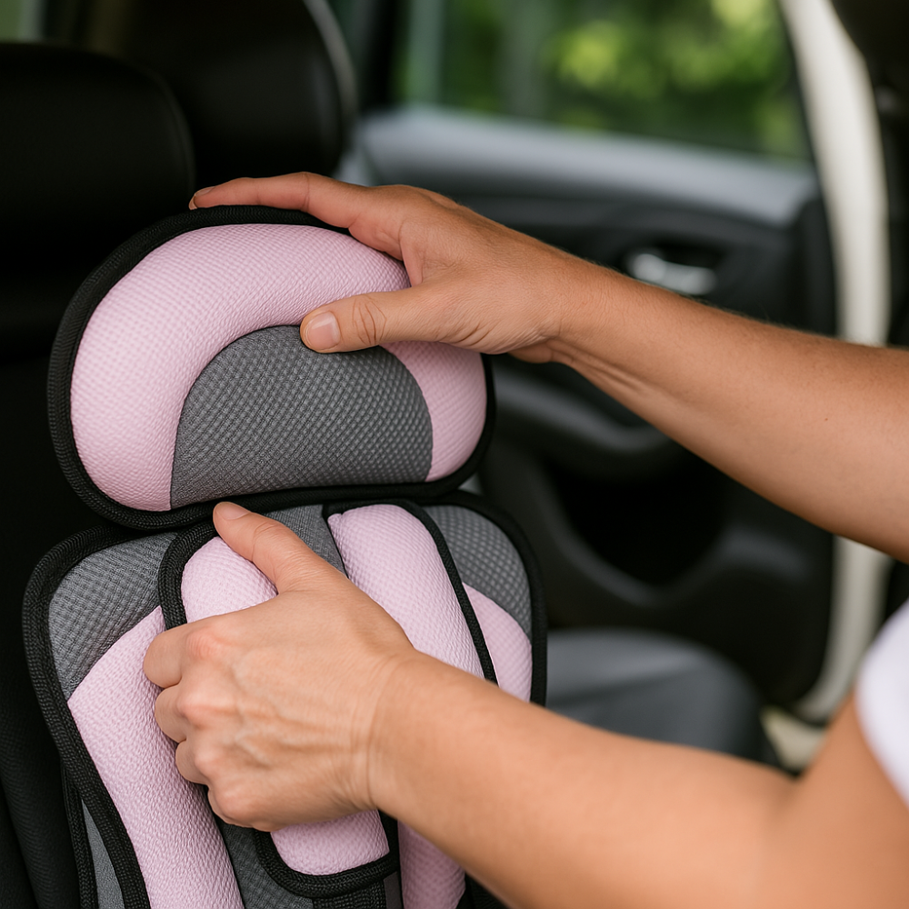 "Rosa-grauer Kindersitz von vorne, mit atmungsaktivem Mesh und weicher Polsterung für maximalen Komfort und Sicherheit."