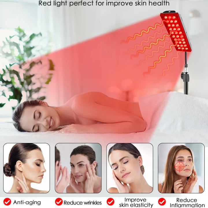Rotlichttherapie-Panel mit schwarzem Gehäuse, 180 LEDs, für Schmerz- und Stresslinderung, flexible Einstellungsmöglichkeiten.