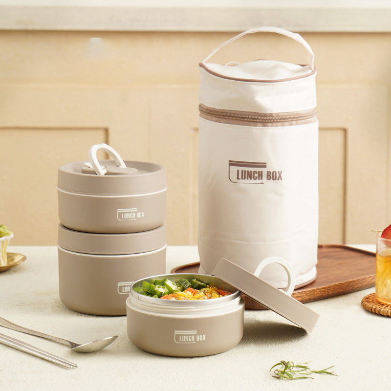 "Runde, mehrschichtige ThermoBox Lunchbox, stapelbar, mit Deckel in stilvollem Design, ideal für unterwegs"