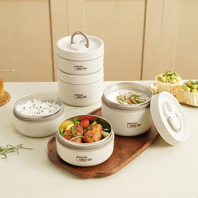 "Runde, mehrschichtige ThermoBox Lunchbox, stapelbar, mit Deckel in stilvollem Design, ideal für unterwegs"