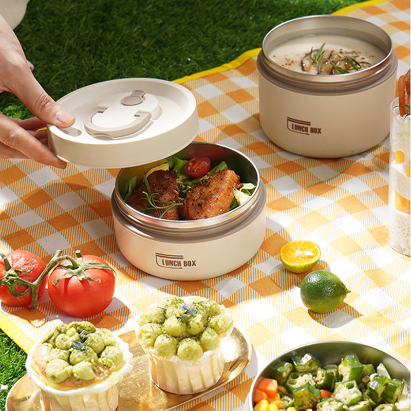 "Runde, mehrschichtige ThermoBox Lunchbox, stapelbar, mit Deckel in stilvollem Design, ideal für unterwegs"