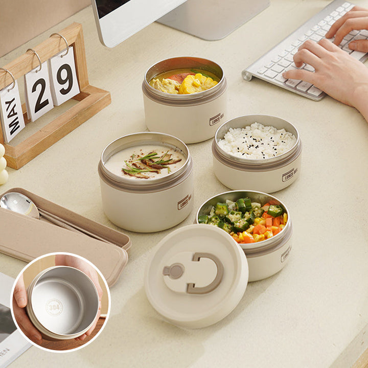 "Runde, mehrschichtige ThermoBox Lunchbox, stapelbar, mit Deckel in stilvollem Design, ideal für unterwegs"
