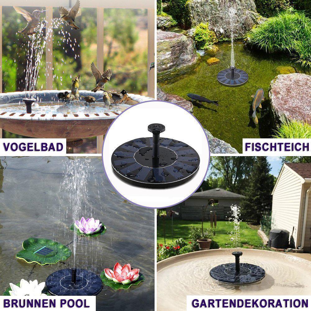 "Runde solare Springbrunnenpumpe für Garten, mit 4 Düsen, umweltfreundlich, einfache Installation, ideal für Teiche."