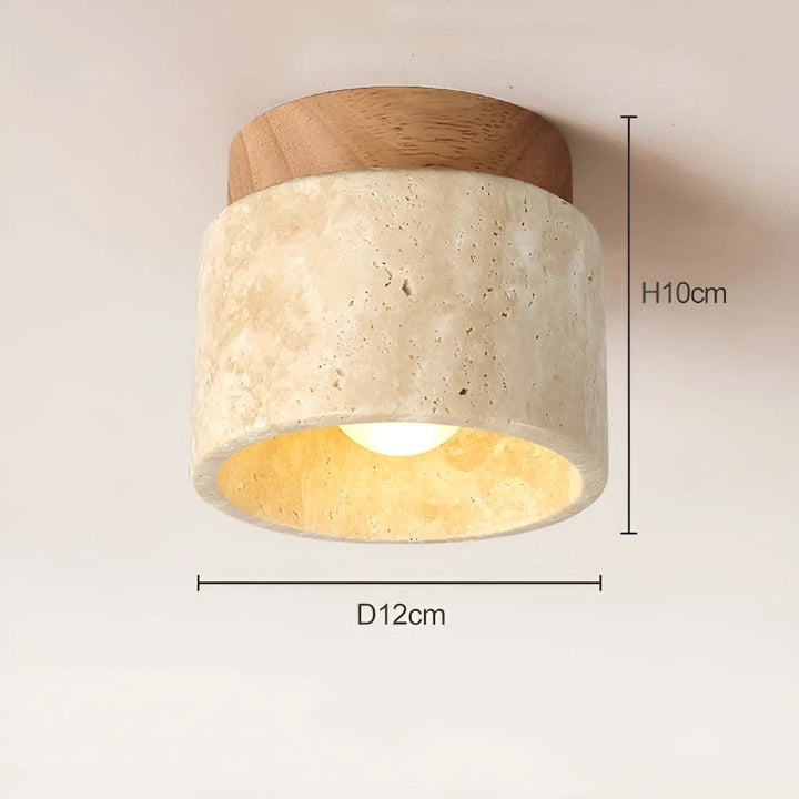 "Rustikale Travertin-Deckenleuchte aus Holz, minimalistisches Wabi-Sabi Design, natürliche und elegante Beleuchtung."