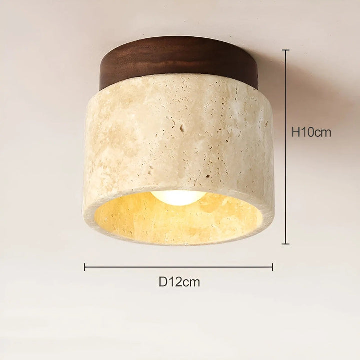 "Rustikale Travertin-Deckenleuchte aus Holz, minimalistisches Wabi-Sabi Design, natürliche und elegante Beleuchtung."