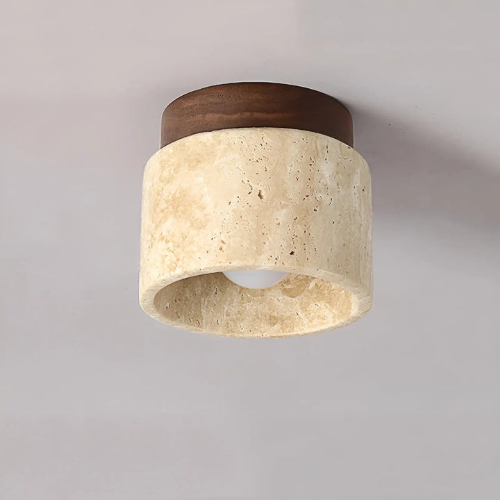 "Rustikale Travertin-Deckenleuchte aus Holz, minimalistisches Wabi-Sabi Design, natürliche und elegante Beleuchtung."