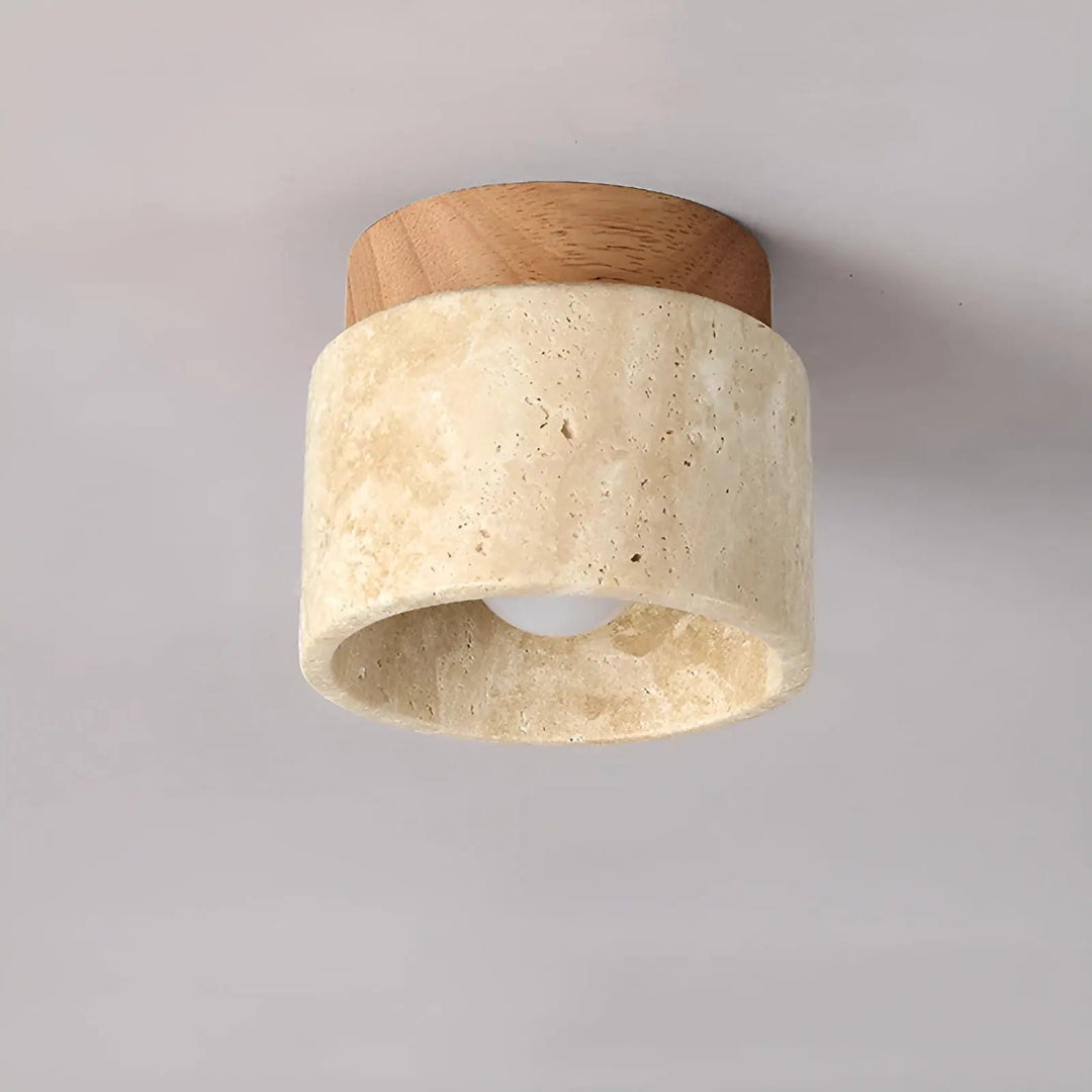 "Rustikale Travertin-Deckenleuchte aus Holz, minimalistisches Wabi-Sabi Design, natürliche und elegante Beleuchtung."