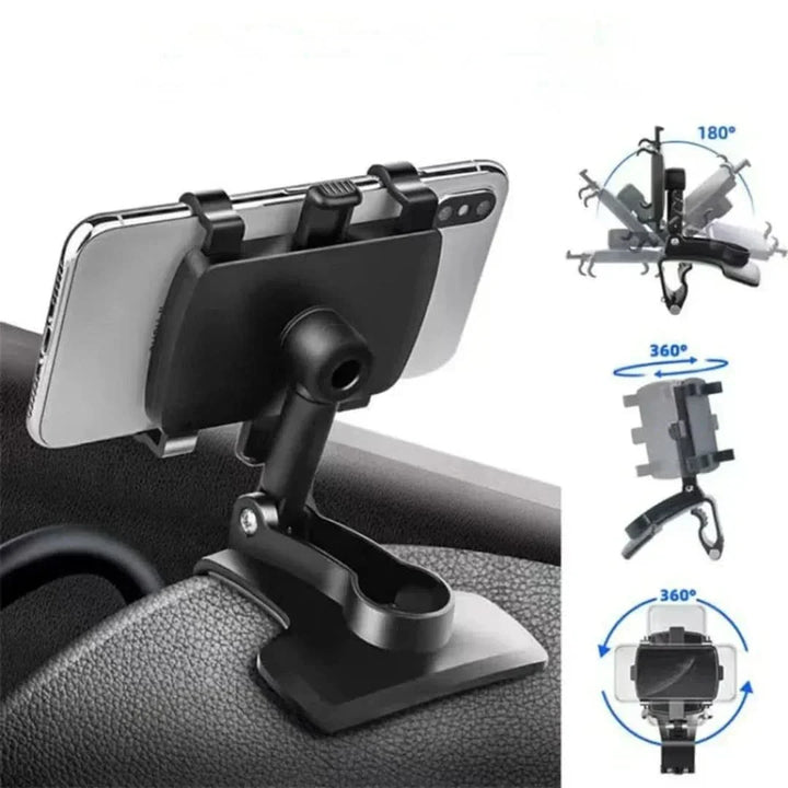 Schwarze 360° drehbare Telefonhalterung, stabil, einfach zu montieren, für Armaturenbrett im Auto, aus robustem ABS.