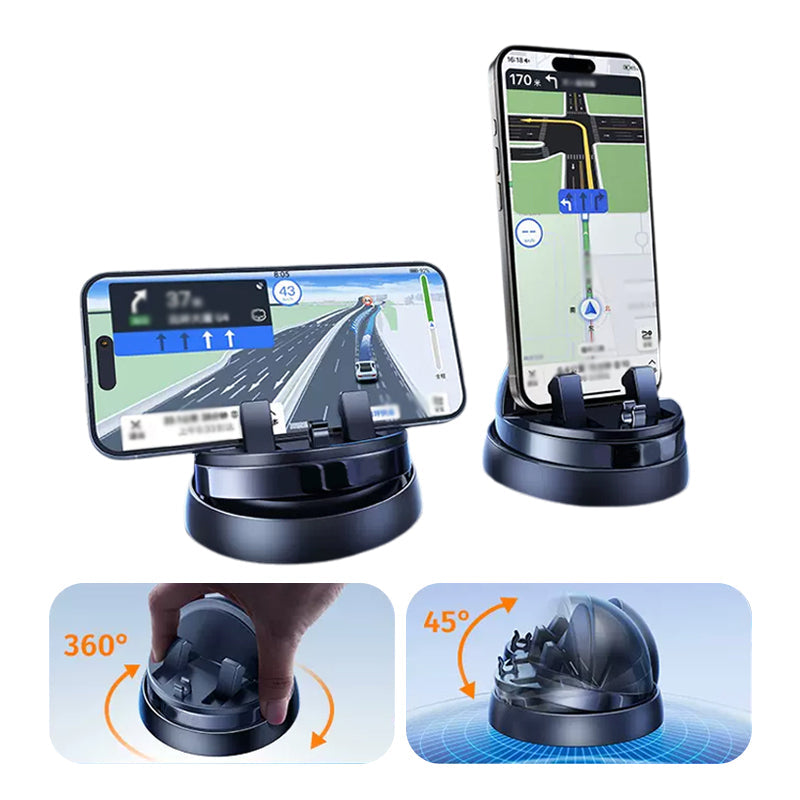 "Schwarze 360° Handyhalterung fürs Auto, flexibel, sicher, mit rutschfester Basis und universeller Kompatibilität."