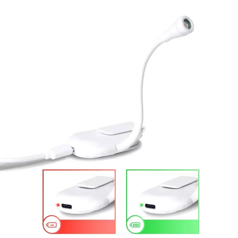 "Schwarze, flexible Leselampe mit 360°-Rotation, wiederaufladbarem Buchclip und dimmbaren LEDs ideal fürs Lesen."