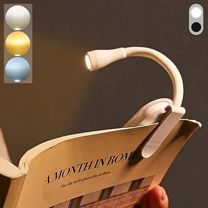 "Schwarze, flexible Leselampe mit 360°-Rotation, wiederaufladbarem Buchclip und dimmbaren LEDs ideal fürs Lesen."