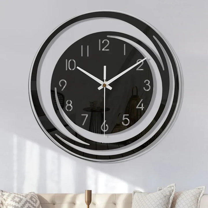 "Schwarze skandinavische Acryl Wanduhr, geometrisches Design, geräuschlos, ideal für Wohnzimmer, minimalistisch und modern."