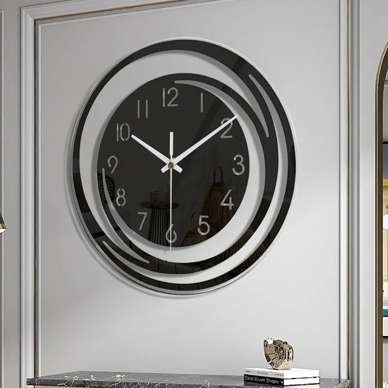 "Schwarze skandinavische Acryl Wanduhr, geometrisches Design, geräuschlos, ideal für Wohnzimmer, minimalistisch und modern."