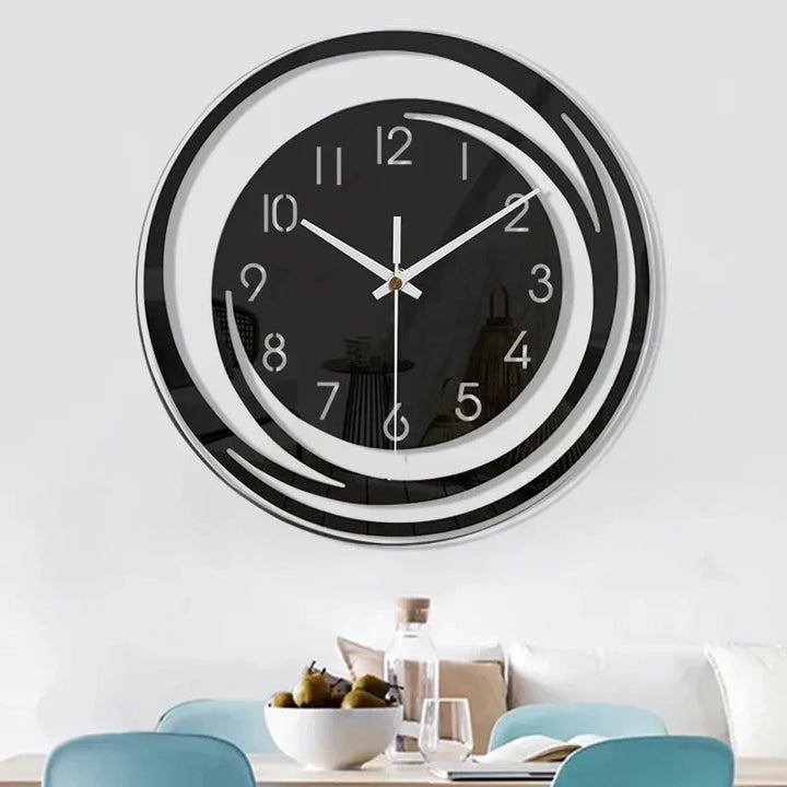 "Schwarze skandinavische Acryl Wanduhr, geometrisches Design, geräuschlos, ideal für Wohnzimmer, minimalistisch und modern."
