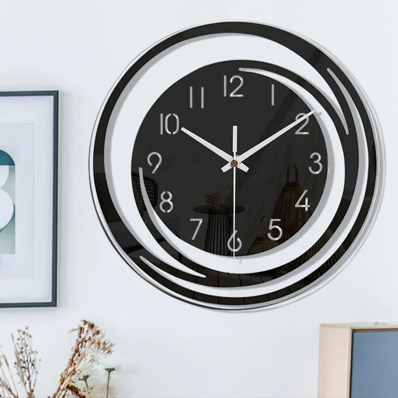 "Schwarze skandinavische Acryl Wanduhr, geometrisches Design, geräuschlos, ideal für Wohnzimmer, minimalistisch und modern."