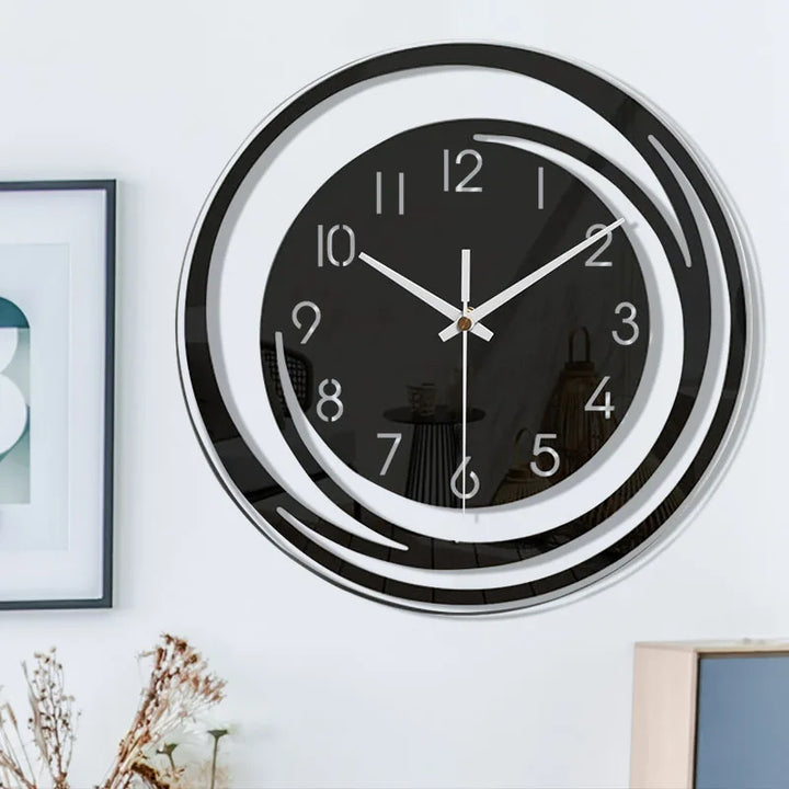 "Schwarze skandinavische Acryl Wanduhr, geometrisches Design, geräuschlos, ideal für Wohnzimmer, minimalistisch und modern."