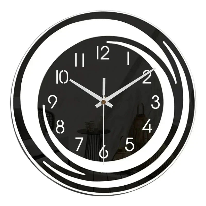 "Schwarze skandinavische Acryl Wanduhr, geometrisches Design, geräuschlos, ideal für Wohnzimmer, minimalistisch und modern."