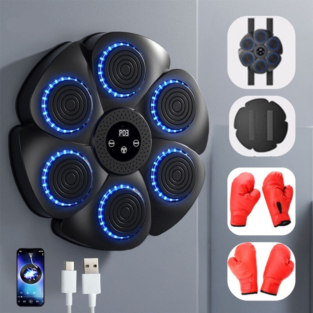 Schwarze Smart-Boxmaschine mit roten Handschuhen und Sensoren, ideal für interaktives Heimtraining mit RGB-Licht.