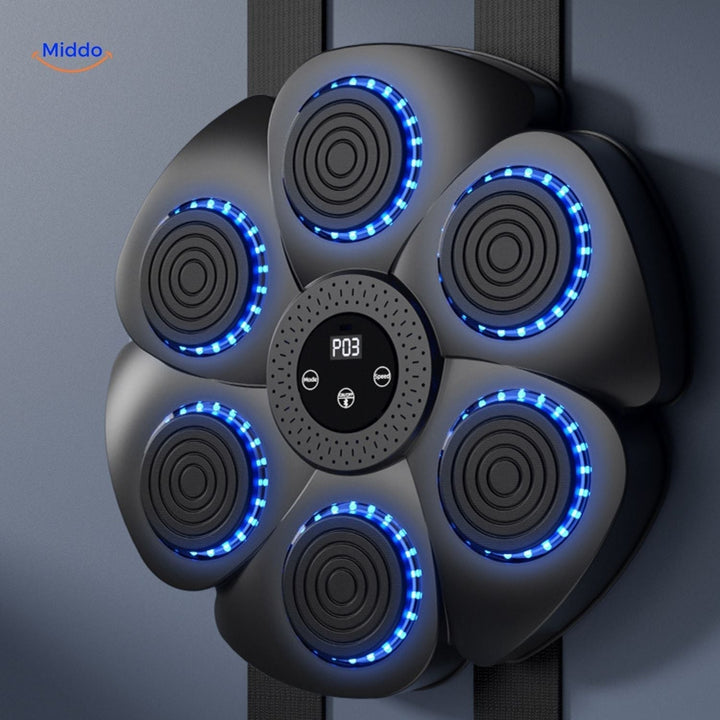 Schwarze Smart-Boxmaschine mit roten Handschuhen und Sensoren, ideal für interaktives Heimtraining mit RGB-Licht.