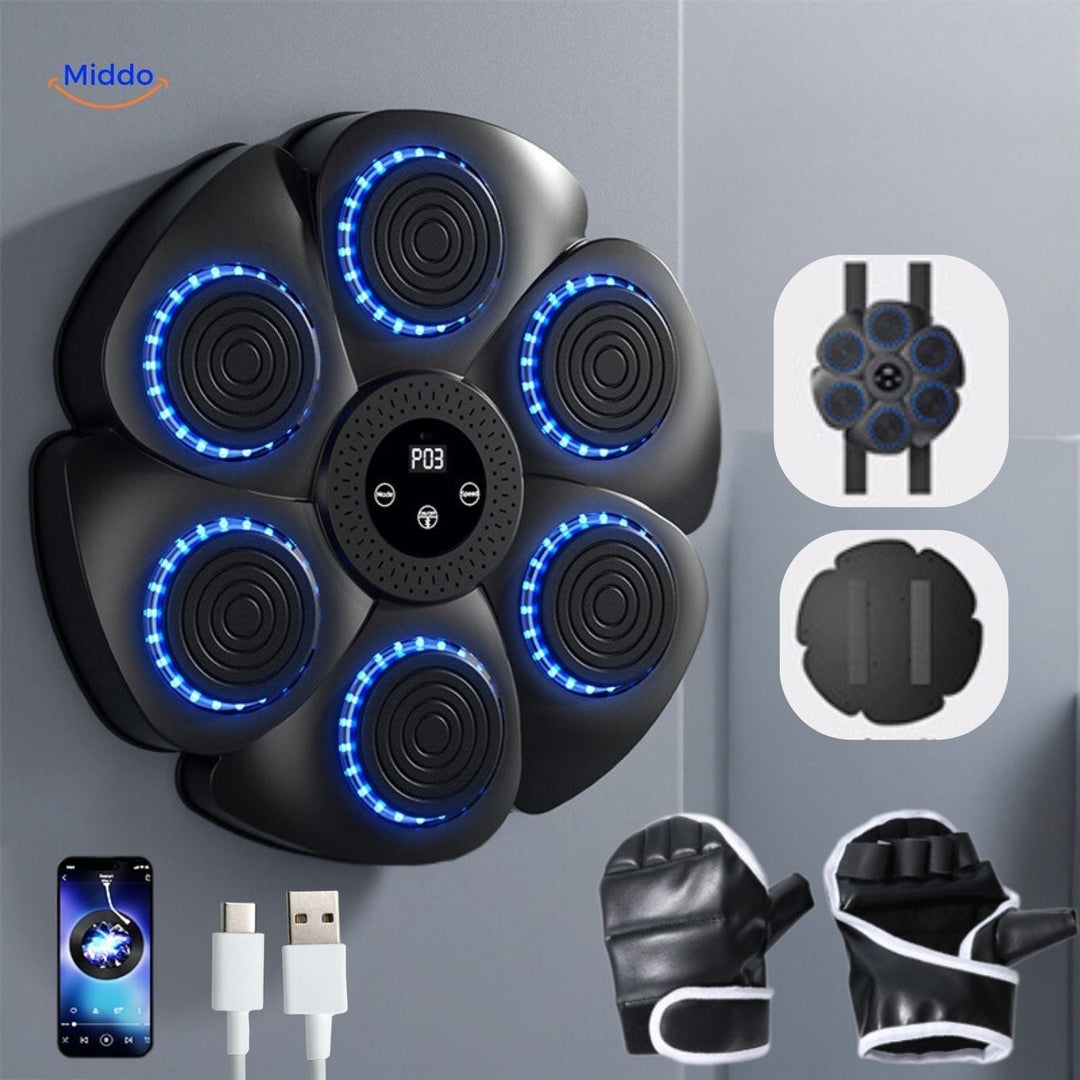 Schwarze Smart-Boxmaschine mit roten Handschuhen und Sensoren, ideal für interaktives Heimtraining mit RGB-Licht.