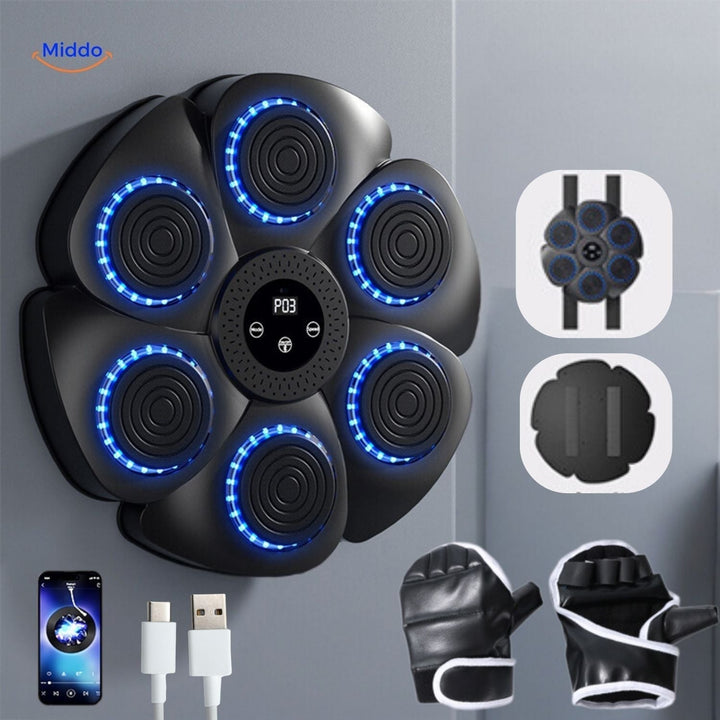 Schwarze Smart-Boxmaschine mit roten Handschuhen und Sensoren, ideal für interaktives Heimtraining mit RGB-Licht.