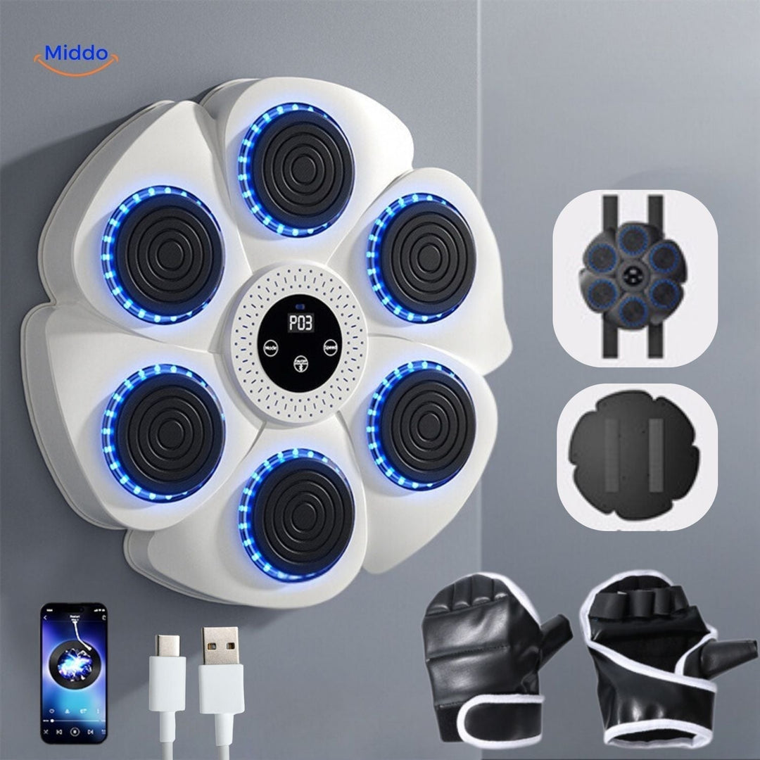 Schwarze Smart-Boxmaschine mit roten Handschuhen und Sensoren, ideal für interaktives Heimtraining mit RGB-Licht.