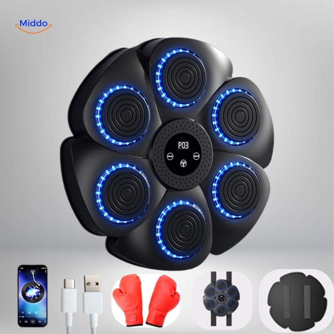 Schwarze Smart-Boxmaschine mit roten Handschuhen und Sensoren, ideal für interaktives Heimtraining mit RGB-Licht.