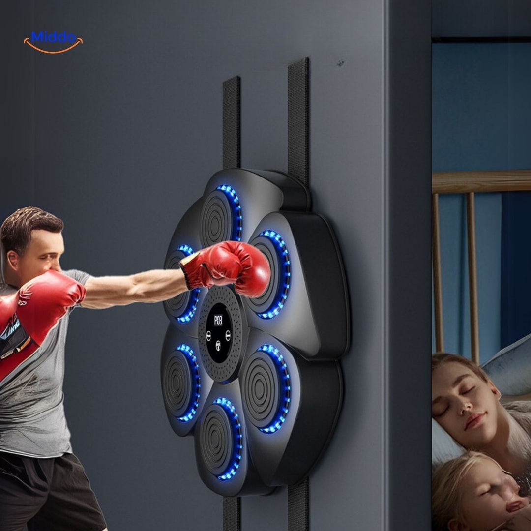 Schwarze Smart-Boxmaschine mit roten Handschuhen und Sensoren, ideal für interaktives Heimtraining mit RGB-Licht.