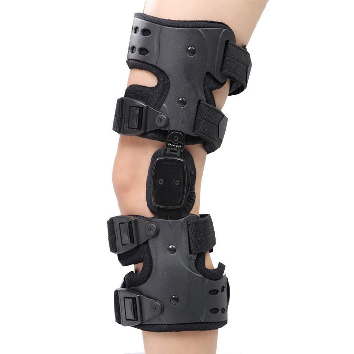 "Schwarze verstellbare Kniebandage seitlich für Druckentlastung, Stabilität und Komfort bei Arthrose und Bänderverletzungen."