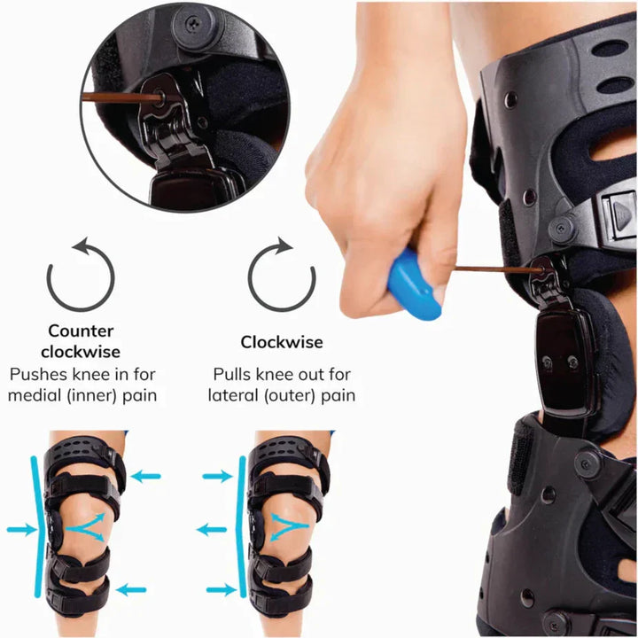 "Schwarze verstellbare Kniebandage seitlich für Druckentlastung, Stabilität und Komfort bei Arthrose und Bänderverletzungen."