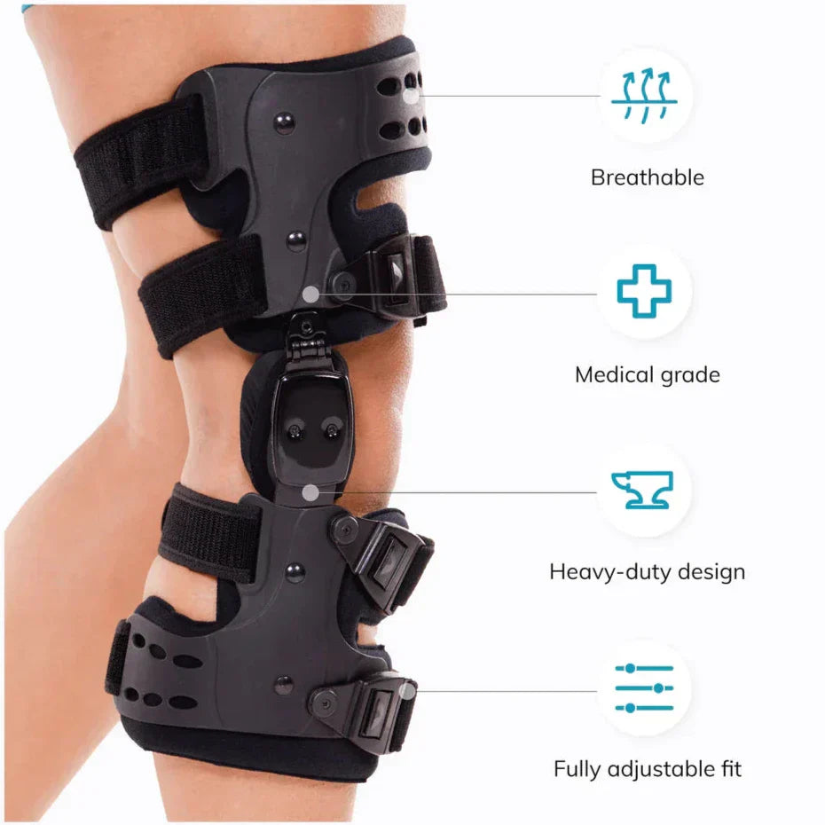 "Schwarze verstellbare Kniebandage seitlich für Druckentlastung, Stabilität und Komfort bei Arthrose und Bänderverletzungen."